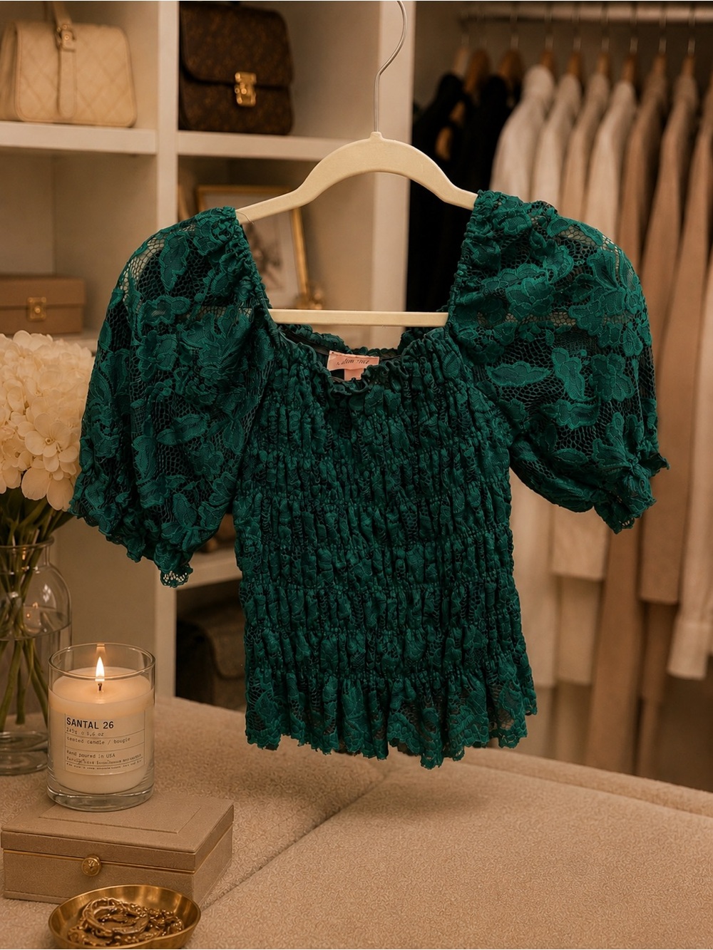 Willow Root Emerald Green Lace Smocked Puff-Sleeve Top